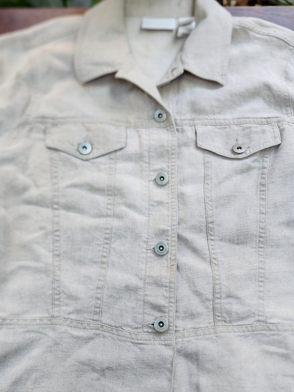 Liz Claiborne 100% Linen Floral Embroidered Trucker Jacket Beige L Cottagecore - Picture 9 of 13